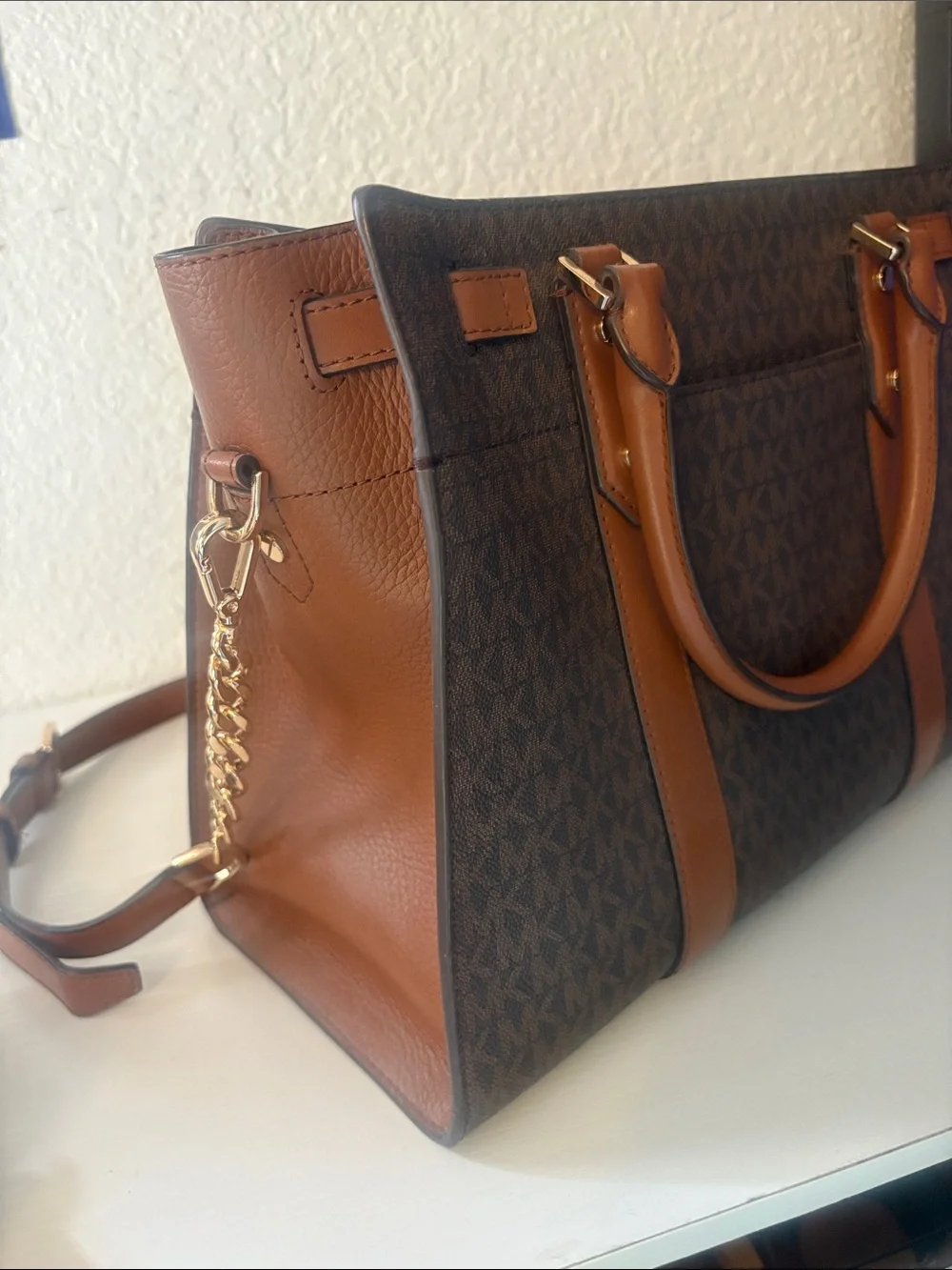 Michael Kors Brown & Tan Patterned Logo Satchel